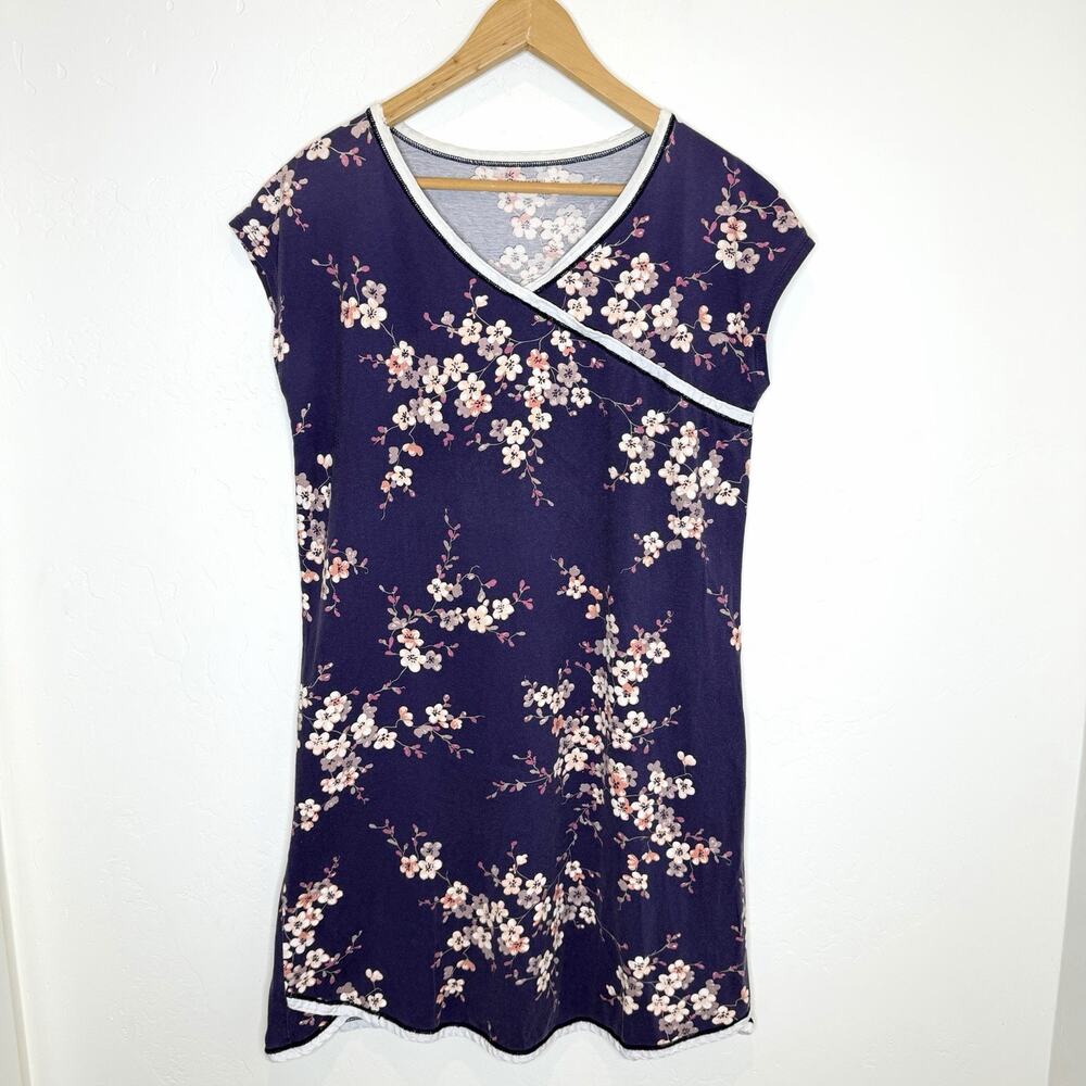 Garnet Hill Green Cotton Asian Wrap Nightgown Womens Large Purple Floral